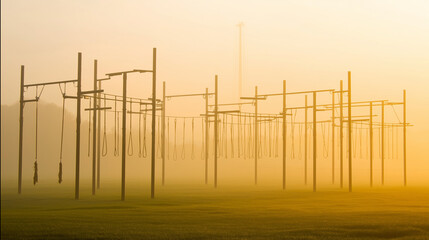 regimen. Training ground at dawn with obstacle courses visible through morning mist. event key visuals, club posters, designed for sports event promotions and stadium branding.