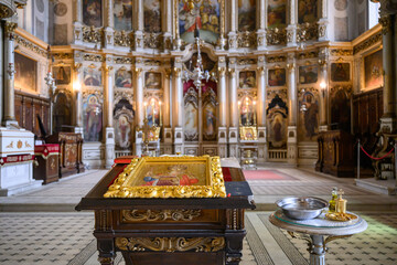Novi Sad, Serbia - July 20, 2025: Indoor in Orthodox Cathedral Church of the Holy Great-Martyr...
