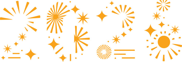 2026 fireworks number icons vector,Abstract orange graphic elements,starbursts, sunbursts, sparkles, and light rays design. Vector