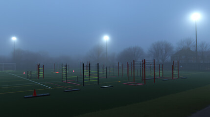 regimen. Training ground at dawn with obstacle courses visible through morning mist. event key visuals, club posters, designed for sports event promotions and stadium branding.