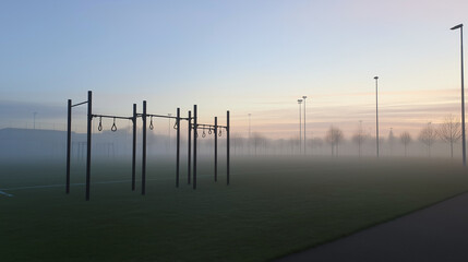 regimen. Training ground at dawn with obstacle courses visible through morning mist. event key visuals, club posters, designed for sports event promotions and stadium branding.