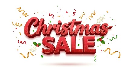 Festive Christmas Sale Announcement with Red 3D Text and Confetti.