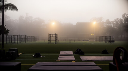 regimen. Training ground at dawn with obstacle courses visible through morning mist. event key visuals, club posters, designed for sports event promotions and stadium branding.