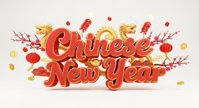 Festive Chinese New Year 3D Text with Dragons and Lanterns.