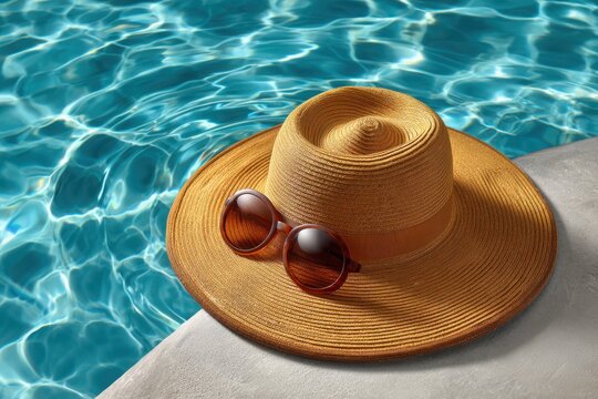 Stylish straw sun hat and sunglasses rest on the edge of a sparkling blue swimming pool