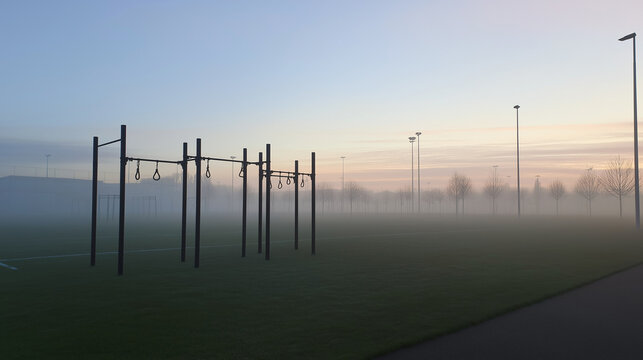 regimen. Training ground at dawn with obstacle courses visible through morning mist. event key visuals, club posters, designed for sports event promotions and stadium branding.