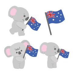 Cute kawaii koala holding Australian flag, adorable cartoon animal illustration