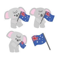 Cute kawaii koala holding Australian flag, adorable cartoon animal illustration