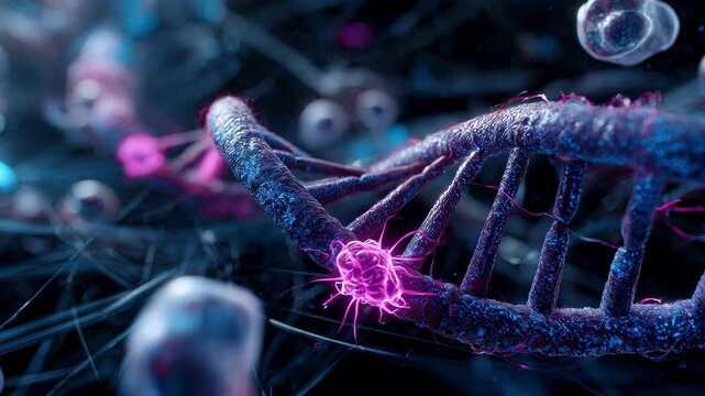 Glowing microscopic virus interacting with DNA helix, genetic mutation science concept