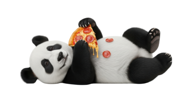 Panda bear lying down eating pizza isolated PNG with Transparent Background - Powered by Adobe
