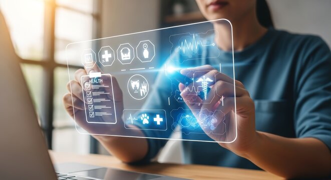 Futuristic healthcare technology interface with medical icons on a transparent screen.