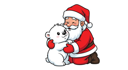 Santa Claus sharing a warm hug with a cute polar bear friend spreading holiday cheer and joy this Christmas season, cartoon illustration for festive cards