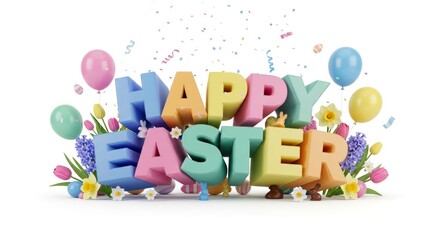 Colorful Happy Easter 3D Rendered Text with Festive Balloons and Spring Flowers on a Clean White Background, symbolizing joy and celebration for the holiday