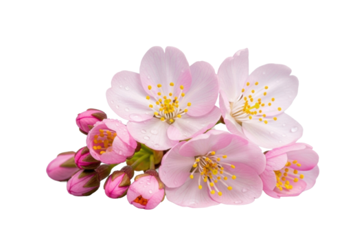 Delicate light pink cherry blossoms with bright yellow anthers and unopened pink buds, adorned with water droplets, isolated on a transparent background, clean product photography concept of delicate