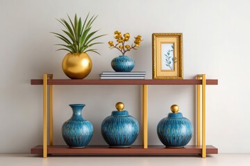 Elegant gold and blue decorative vases and plant on a modern wooden and gold shelf