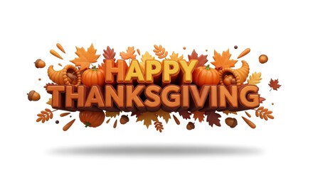 Happy Thanksgiving Celebration 3D Text with Pumpkins, Leaves, and Cornucopias, Festive Design