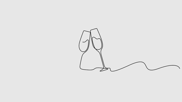 Video. One line drawing champagne toast. Continuous one line drawing couple wine glasses clink animation. Wedding party cheers. Minimalist new year celebration vector concept. Full length one line 4K 