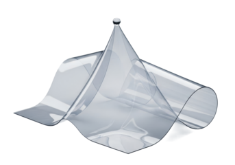 Translucent iridescent polymer film sculptured with elegant folds and sharp creases, a glistening dewdrop, seamless transparent background, macro studio shot, concept of advanced materials