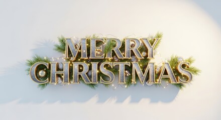 Merry Christmas Greeting with Metallic Lettering Pine Branches and String Lights on a White Background