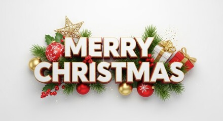 Merry Christmas text with festive ornaments and fir branches on white background.