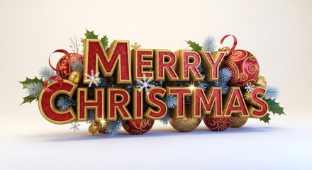 Merry Christmas 3D Text with Ornaments and Holly.