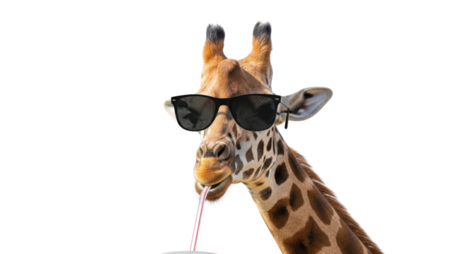 Cool giraffe drinking with straw and sunglasses isolated PNG with Transparent Background