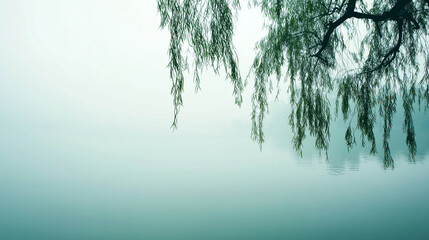 willow. Weeping willow branches dipping into still water, creating ripples. gardening catalogs, home-decor guides, designed for gardening and botanical catalogs, used by cybersecurity analysts.
