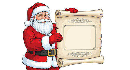 Cheerful Santa Claus Holding a Blank Parchment Scroll for Your Christmas Greetings, Festive Holiday Wishes, or Special Event Invitations with Copy Space