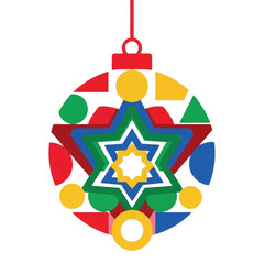 Colorful geometric Christmas ornament hanging on a red ribbon  