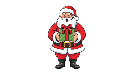 Obraz premium Cheerful Santa Claus Holding a Green Christmas Gift Box with Red Ribbon Bow, Perfect for Holiday Greetings and Festive Designs, Holiday Season