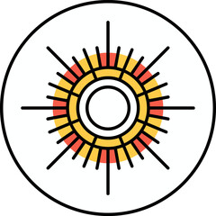 A stylized sun icon with radiating yellow and red rays inside a black circle.
