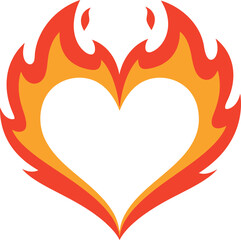A stylized graphic illustration of a heart shape outlined by vibrant red and orange flames, symbolizing passion or love.