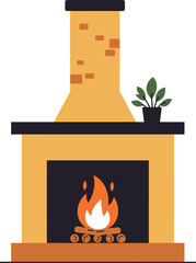 A cozy yellow and black fireplace with a burning fire and a small potted plant on the mantelpiece.