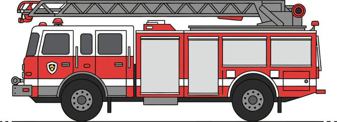 Side view illustration of a classic red and white fire truck with an extended ladder on top, ready for emergency services.