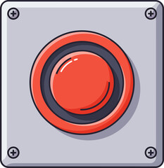 A red circular push button with a glossy surface, mounted on a square grey metal panel with four visible screws.