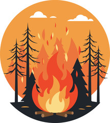 An illustration of a large, vibrant campfire burning brightly amidst dark pine tree silhouettes under an orange sky with clouds.