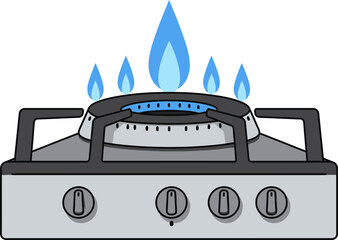 Vector illustration of a modern kitchen gas stove burner with burning blue flames, symbolizing culinary energy and domestic power consumption