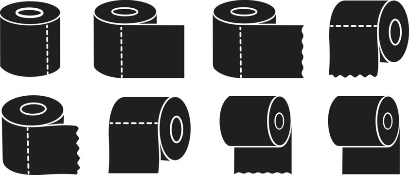 Roll tissue paper silhouette icon set. Toilet paper roll icons with different tear styles isolated on transparent background. Vector illustration design.