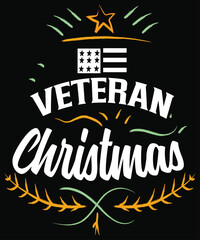 A festive hand-drawn “Veteran Christmas” typography design featuring bold lettering, a patriotic flag accent, and gold star elements. 