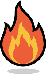 A vibrant, stylized graphic illustration of a single flame with orange and yellow colors and a black outline, casting a subtle shadow.