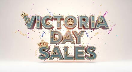 A celebratory three-dimensional text banner for a grand holiday promotion, adorned with golden crowns and festive confetti