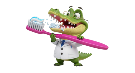 Cartoon alligator doctor holding a toothbrush with toothpaste isolated PNG with Transparent Background