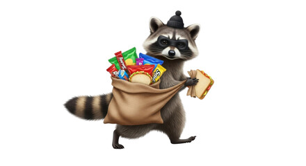 Cartoon raccoon bandit with snacks and sandwich in sack isolated PNG with Transparent Background