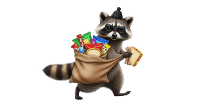 Cartoon raccoon bandit with snacks and sandwich in sack isolated PNG with Transparent Background
