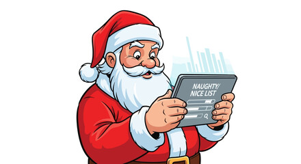 Santa checks his naughty and nice list on a tablet, reviewing the year's data to find out who's been good and who's been bad this festive season