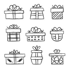 Hand drawn gift boxes set. Holiday presents, design elements for party, celebration.  Flat vector illustration in doodle style. 
