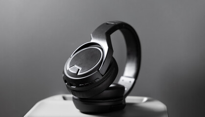 Modern black wireless headphones on gray background. Stylish over-ear audio device for music,...