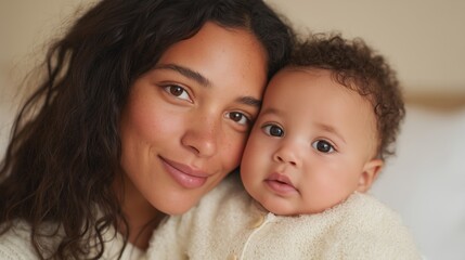 Mother and baby cuddled in soft organic fabric, sharing a warm moment together, showcasing love and tenderness in a cozy lifestyle scene with natural light