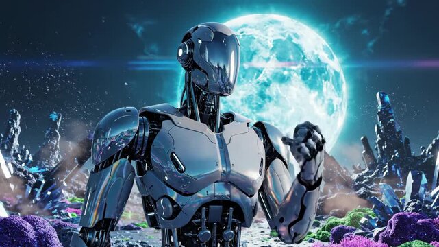 Futuristic Robot on Alien Planet - A futuristic humanoid robot stands on an alien planet with a large, bright moon in the background.