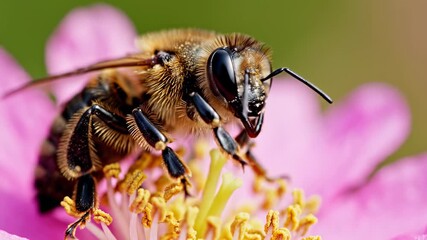 Close up of a bee on a pink flower collecting pollen in nature.